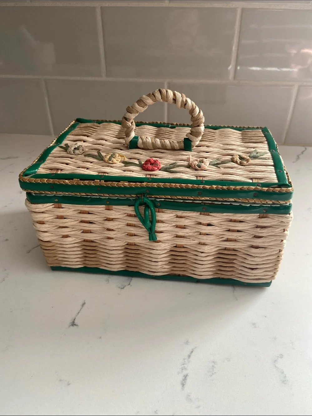 Vintage 1950s Woven Sewing Basket Green Floral Raffia